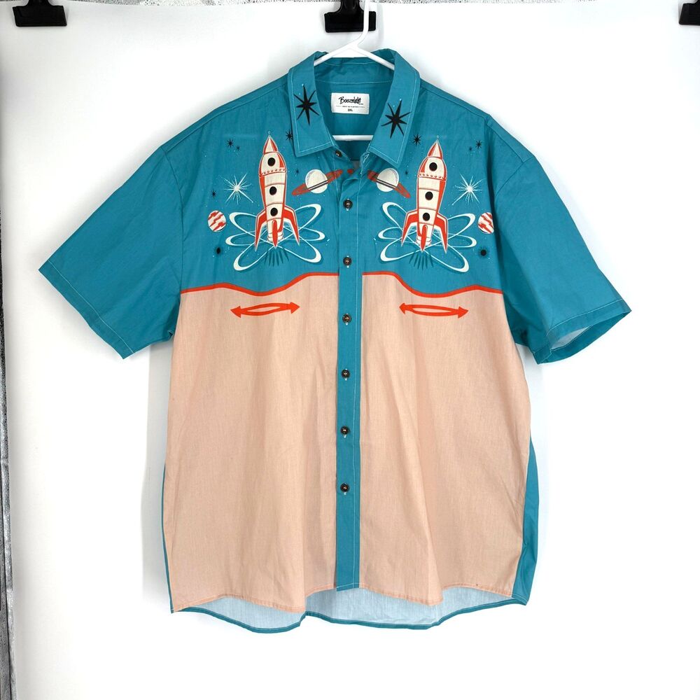 Boozelele Shirt Rocket Ship Retro Space Short Sleeve Button Up Blue Bowl Men 2XL